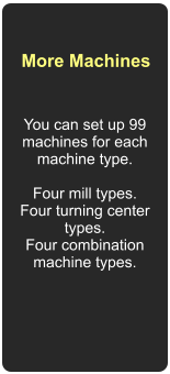 More Machines You can set up 99 machines for each machine type.  Four mill types. Four turning center types. Four combination machine types.
