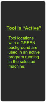 Tool is “Active” Tool locations with a GREEN  background are used in an active program running in the selected machine.