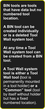 BIN tools are tools that have data but no numbered tool location.   A BIN tool can be created individually or is a deleted Tool Wall system tool.  At any time a Tool Wall system tool can be created from a BIN tool.   A Tool Wall system tool is either a Tool Wall tool (tool is permanently mounted in a tool holder) or a Common tool (tool by itself without holder but has a fixed numbered location).