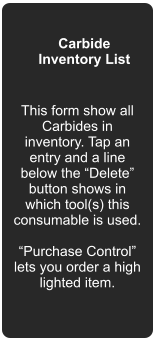 Carbide Inventory List This form show all Carbides in inventory. Tap an entry and a line below the Delete button shows in which tool(s) this consumable is used.  Purchase Control lets you order a high lighted item.