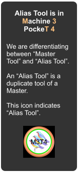 Alias Tool is in Machine 3 PockeT 4 We are differentiating between Master Tool and Alias Tool.  An Alias Tool is a duplicate tool of a Master.   This icon indicates Alias Tool. M3T4