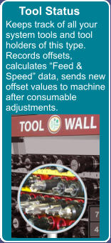 Tool Status Keeps track of all your system tools and tool holders of this type. Records offsets, calculates Feed & Speed data, sends new offset values to machine after consumable adjustments.