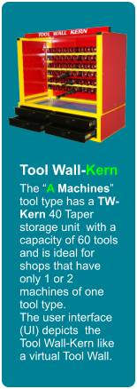 Tool Wall-Kern The A Machines tool type has a TW-Kern 40 Taper storage unit  with a capacity of 60 tools and is ideal for shops that have only 1 or 2 machines of one  tool type. The user interface (UI) depicts  the Tool Wall-Kern like a virtual Tool Wall.